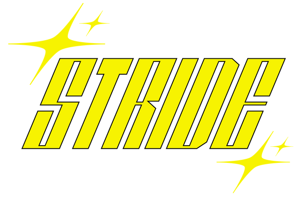 Yellow 'STRIDE' logo with starburst effects on a white background